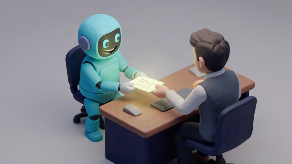 3D isometric friendly robot passing a glowing support ticket to a person