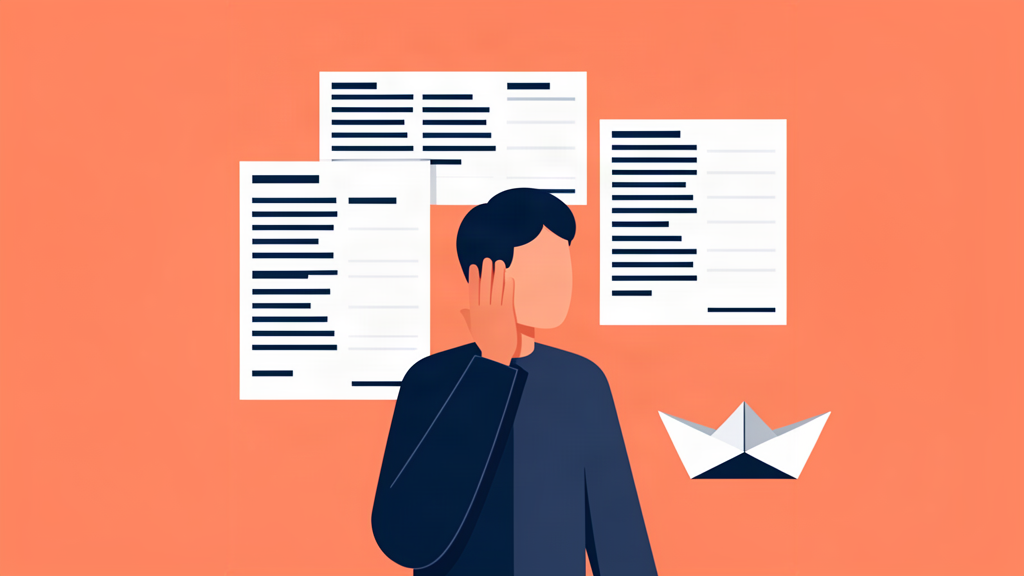 Flat vector of a person overwhelmed by floating spreadsheet rows and a paper boat